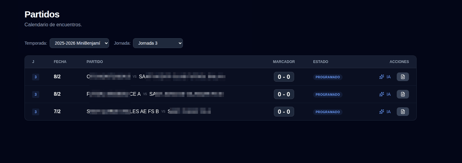 Interfaz de gestión de partidos y actas digitales de fútbol sala en FútbolHub